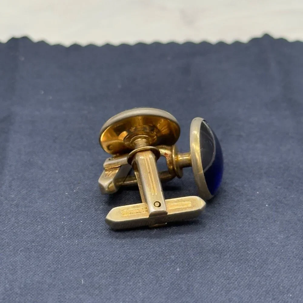 Vintage Hickok Gold Tone Blue Glass Cabochon Cufflinks Mid Century MCM